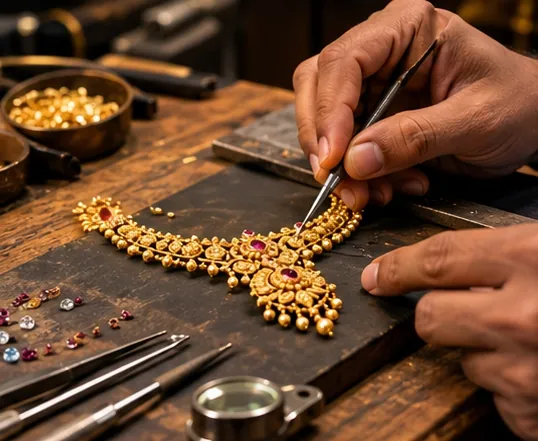 Goldsmith setting stones in a gold necklace at a workbench