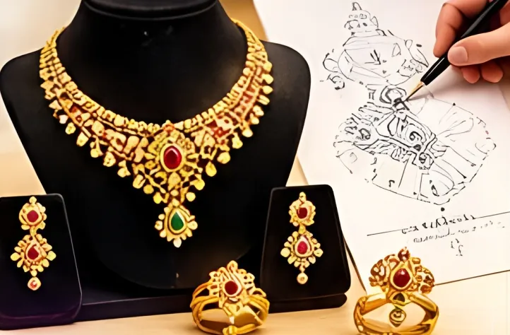 Customised gold necklace set beside a design sketch