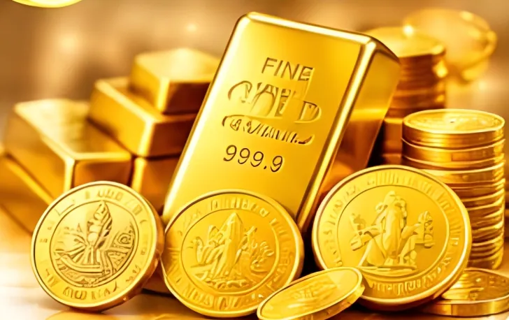 Fine gold bar and gold coins