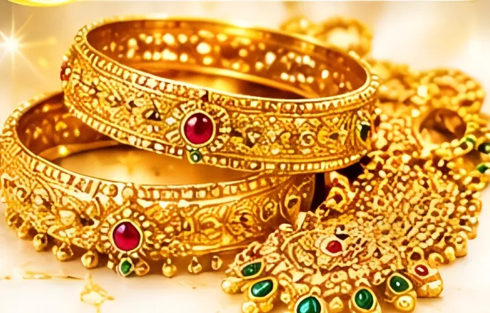 Refurbished gold bangles with ruby and emerald stones