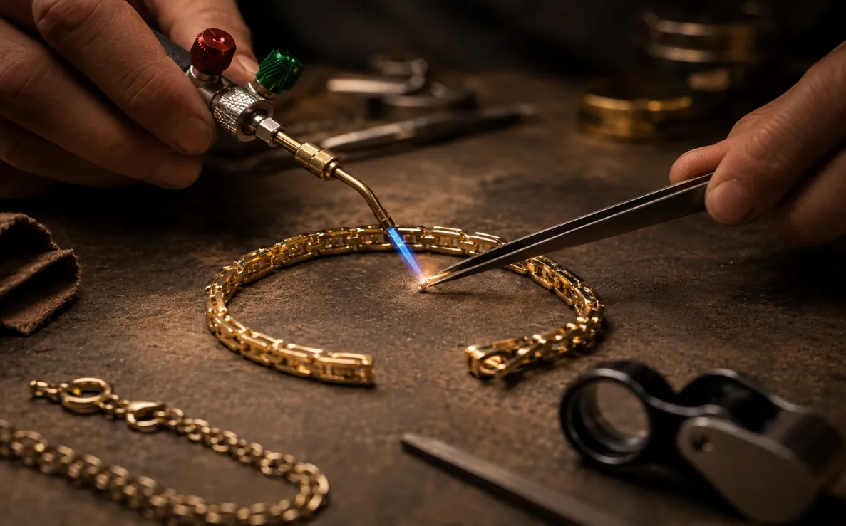 Goldsmith soldering a gold chain with a fine torch