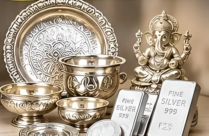 Silver plate, bowls, idol and fine silver bars