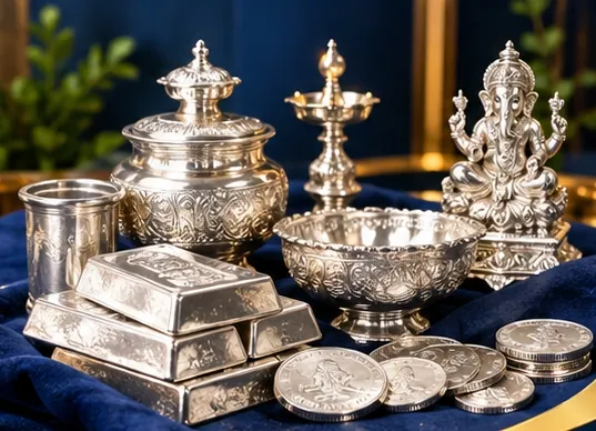 Silver pot, lamp, bowl, idol, bars and coins
